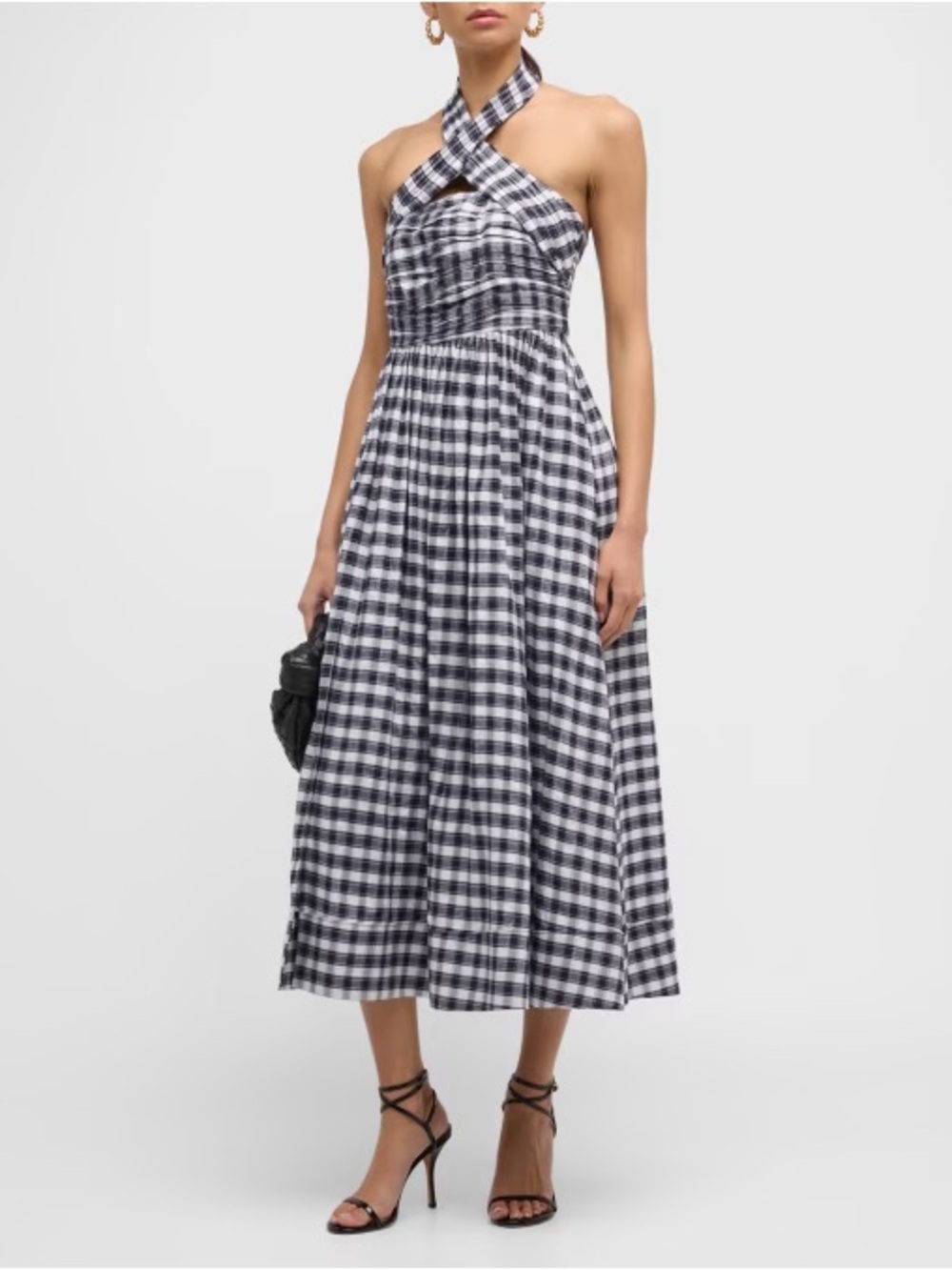 Cinq a Sept Taylen Dark Blue & White Gingham Halter Midi Dress